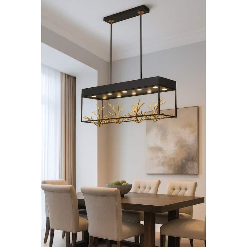 12-Light Matte Black Pendant With Gold Branch Accents