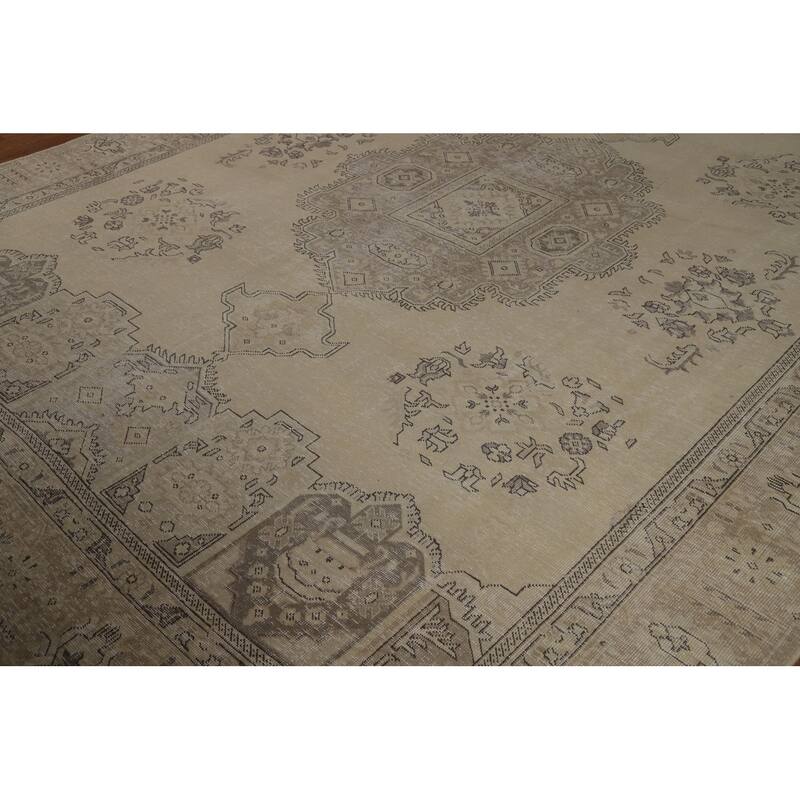 Geometric Beige Tabriz Persian Vintage Rug Handmade Wool Carpet - 8'11" x 11'5"
