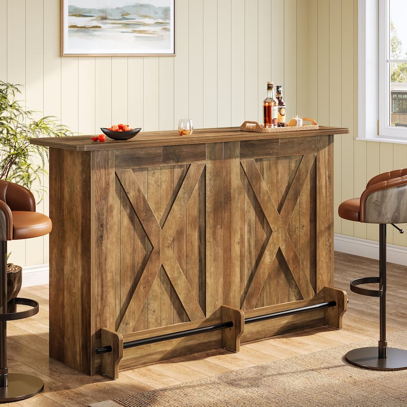 2-Tier Bar Table with Footres, Rustic Brown Bar Cabinet Height Pub - N/A