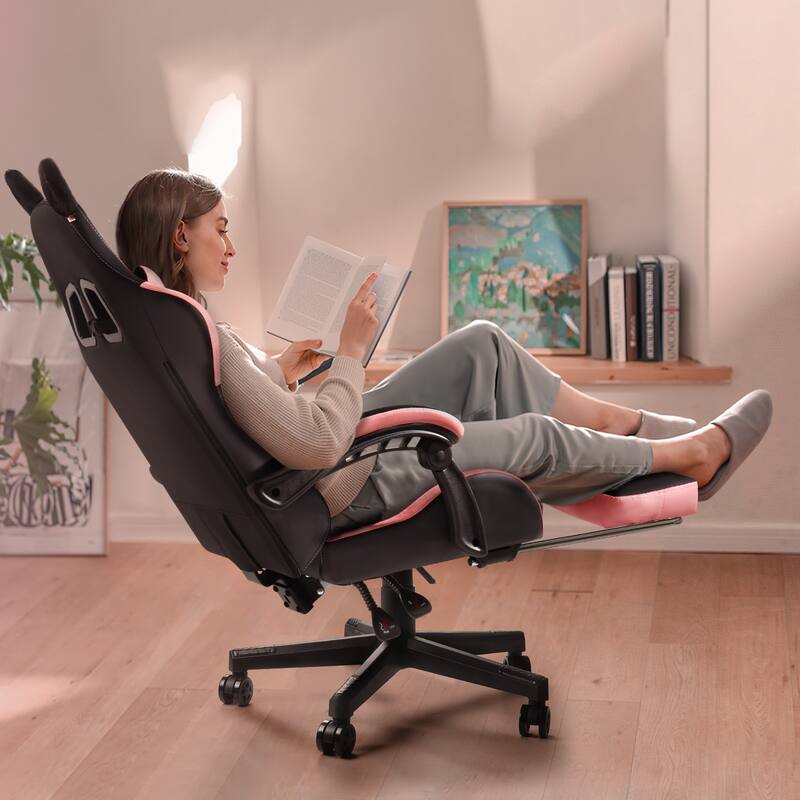 BOSSIN Gaming Chair with Cat Ears and Cat Paw Cushion Pillow,Cute Kawaii Reclining Computer Chair for Girl with Footrest