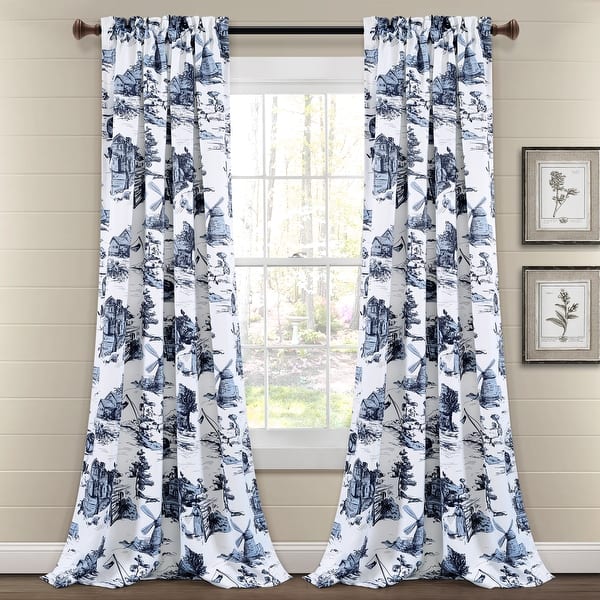 slide 2 of 15, Lush Decor French Country Toile Room Darkening Window Curtain Panel Pair 84 Inches - White & Blue