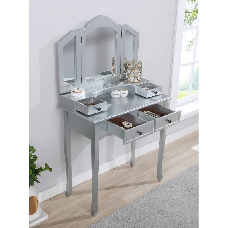 Wooden Vanity Table and Upholstered Stool Set, with 3-Panel Mirror and Ample Storage Drawers