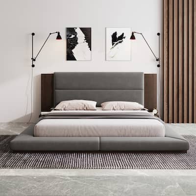 Upholstered Frame Floor Bed with Extended Wood Headboard Wingback Bed and Bedside Shelf, Velvet Platform Bed Grounded Bed