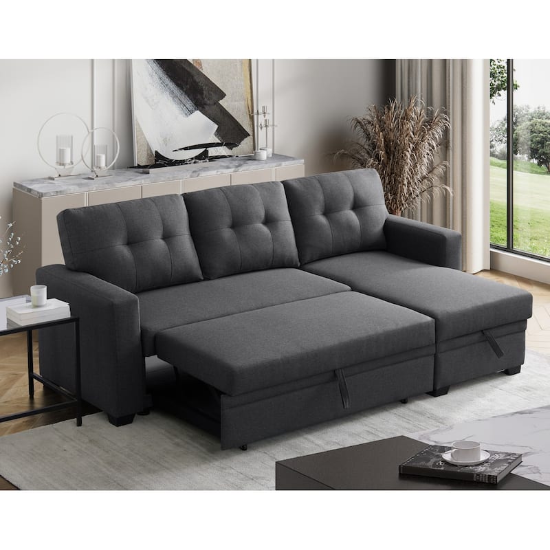 Pull-out Upholstered Sectional Sofa with Storage Chaise & Removable Cushions