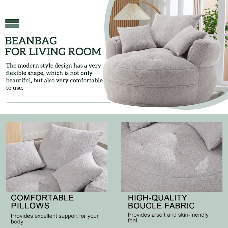 Boucle Upholstered Tufted Barrel Accent Living Room Chair With Toss Pillows