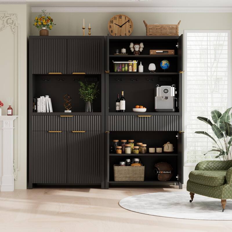 71"Pantry Storage Cabinet with Drawer, Charging Station and Open Countertop for Dining Living Room
