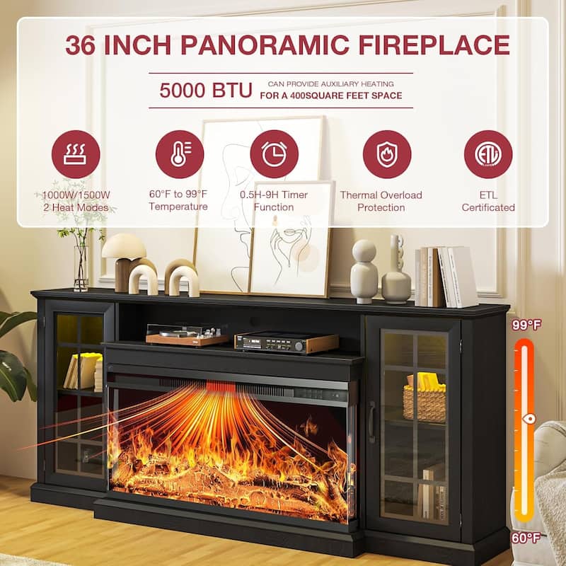 36 Inch 3-Sided Glass Fireplace TV Stand for TVs up to 80"