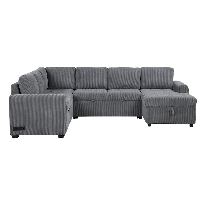 107.5" U-Shaped 5-Seater Sectional Sofa with Pull-Out Bed, Storage Chaise Lounge, USB Ports, and Power Outlets