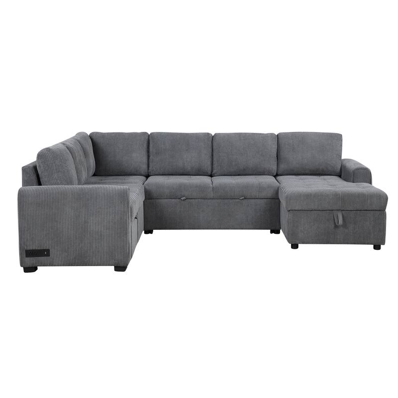 Convertible Sectional Sleeper Sofa with Pull Out Bed, Storage Chaise & Charging Devices, Oversized Corduroy U-Shaped Cloud Sofa