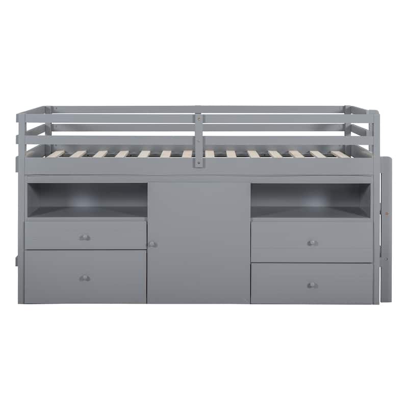 Gray Twin Size Solid Wood Loft Bed with Drawers and Cabinets