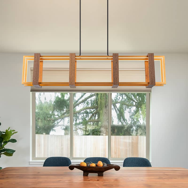 Farmhouse Wood LED Linear Chandeliers Rectangle Pendant Light - W39.4" - W39.4"