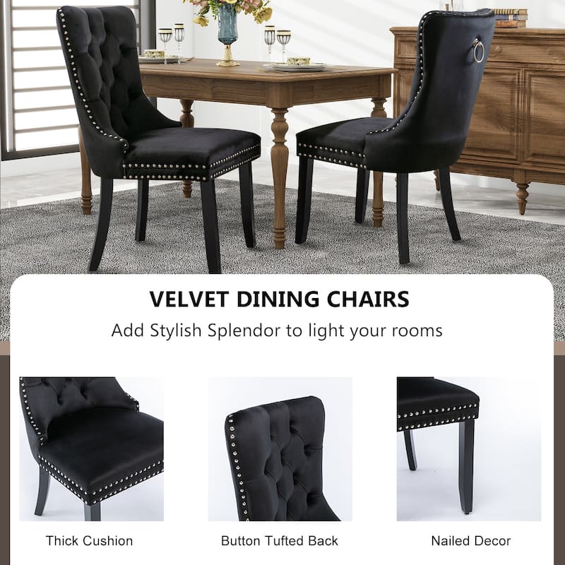 Set of 2 Hollywood Glam Velvet Dining Chairs – Tufted Back with Nailhead Trim and Ring Pull, Modern Accent Side Chairs
