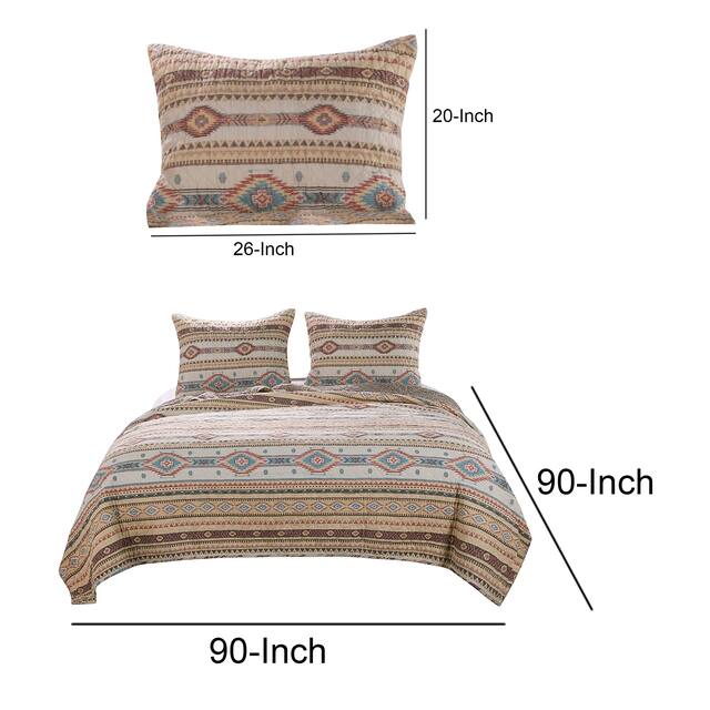 Full Size 3 Piece Polyester Quilt Set with Kilim Pattern, Multicolor