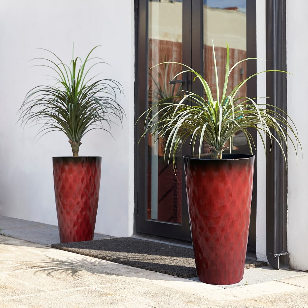 Glitzhome 23.75"H Set of 2 Oversized Tall Plastic Planter Wavy Texture Cobalt Blue/Turquoise/Red Flower Pot