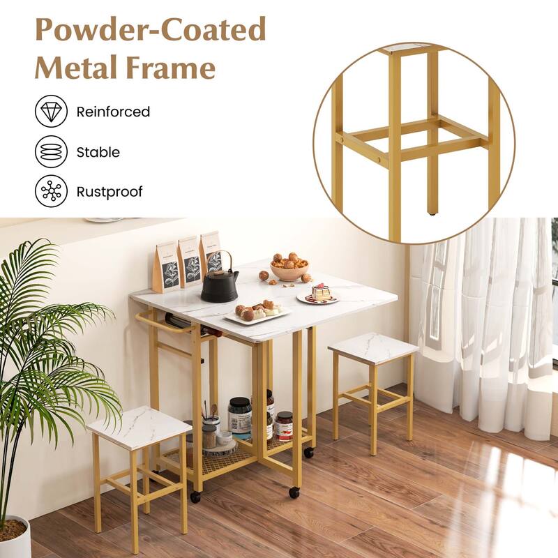 Costway 3 PCS Rolling Dining Table Set Extendable Kitchen Table 2