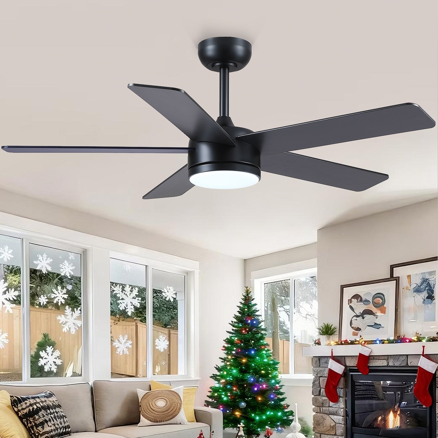 46/52-Inch Outdoor Ceiling Fan with LED Light, Remote and App Control, 6-Speed Reversible DC Motor, 5 Dual-Finish Wood Blades
