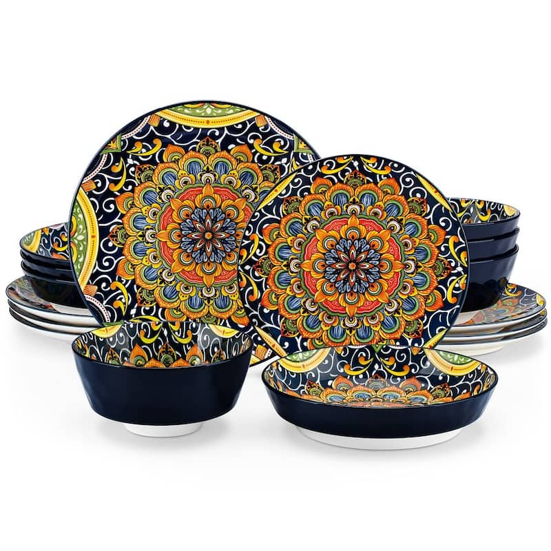 vancasso SIMI 16-piece Bohemian Porcelain Pattern Dinnerware Set - Blackish Green - 16 Piece