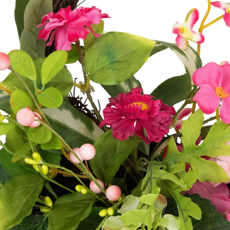 Leafy Hydrangea Floral Spring Hanging Basket - 16" - Pink