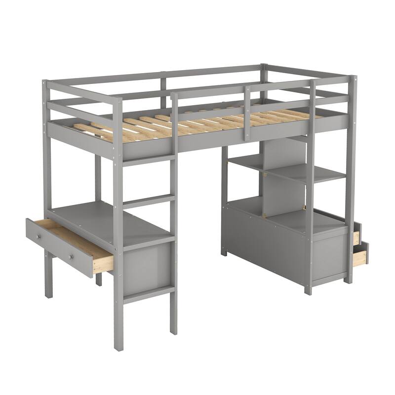 Twin Size Kids Loft Bed with Desk, Storage, Ladder & Safety Guardrail