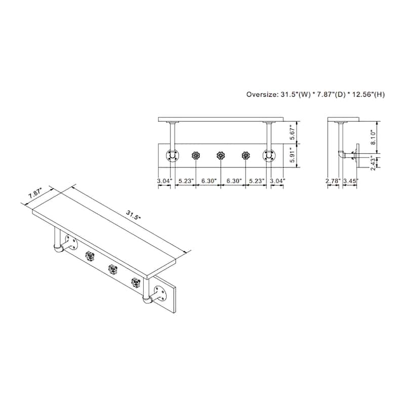 DH BASIC Industrial Reclaimed Oak Metal 3-Hook Wall Shelf by Denhour