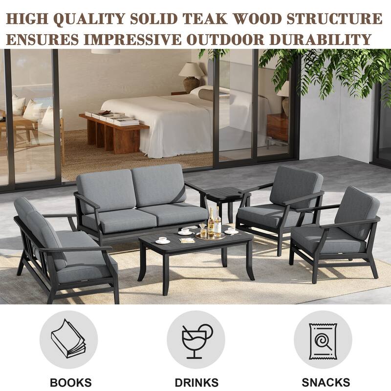 6-Seat Outdoor Teak Wood Patio Conversation Set with Cushions Tables
