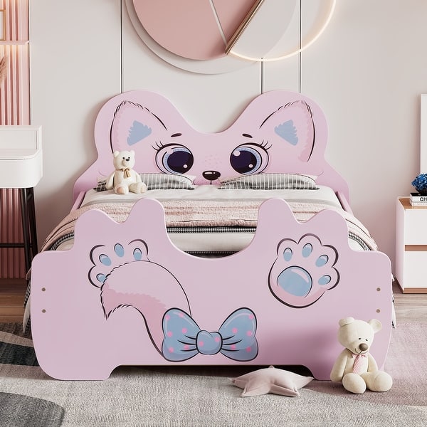 slide 2 of 18, Cartoon Twin Wood Platform Kids Bed with Trundle and Cute Headboard for Bedroom, Pink Pink+Blue