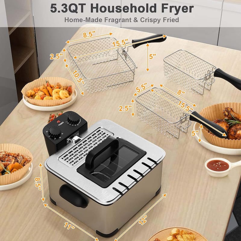 Electric Fryer 5.3 QT/21-Cup Stainless Steel 1700W w/ Triple Basket