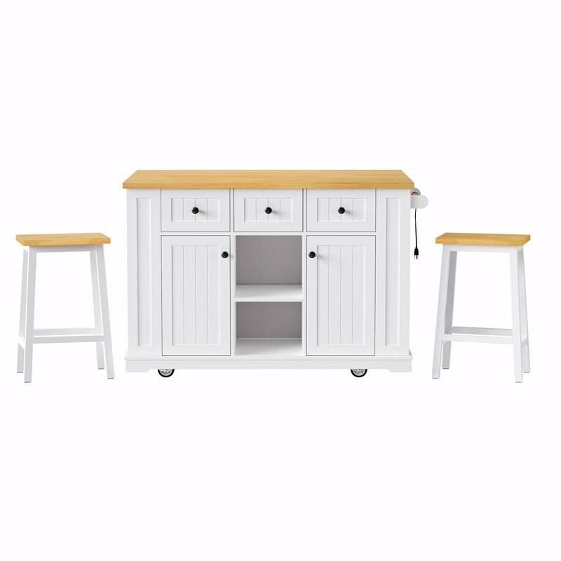 53" Rolling Kitchen Island with Drop Leaf, Power Outlet & Internal Door Storage, 5 Open Side Racks