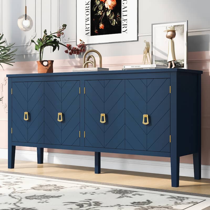 63-Inch Four-Door Sideboard - Geometric Patterned Design with Vintage Metal Handles, Narrow Entryway Table for Living Room - Blue