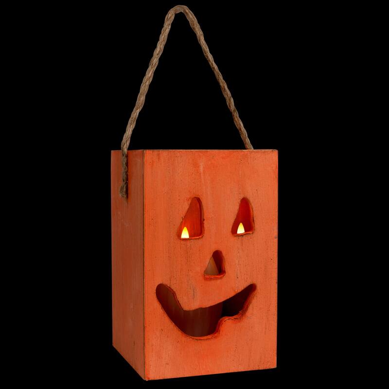 Large Orange Wood Jack O Lantern Halloween Candle Lantern - 8"