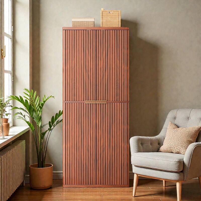 72" Tall Modern Fluted Wood Kitchen Pantry Cabinet with Doors, 6 Shelves & Door Storage for Kitchen or Dining Room - Walnut