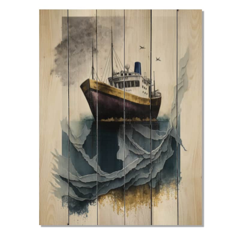 Designart Purple Gold Modern Fishing Boat Coastal Boat Print on Natural Pine Wood - 40 in. wide x 30 in. high