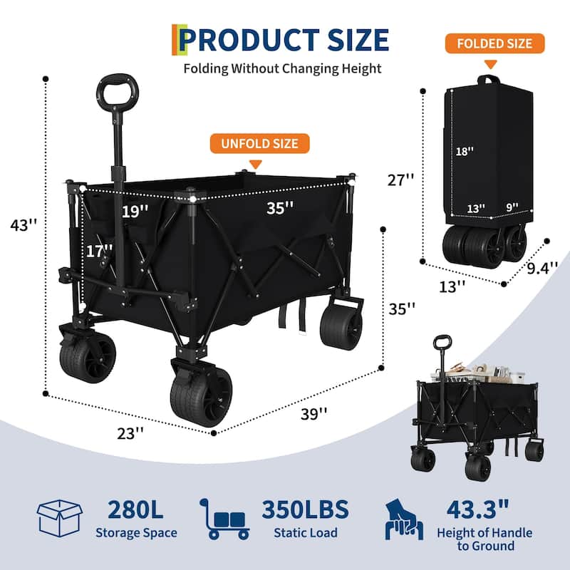 Folding All Terrain Utility Wagon Cart with Wheels and Cup Holders