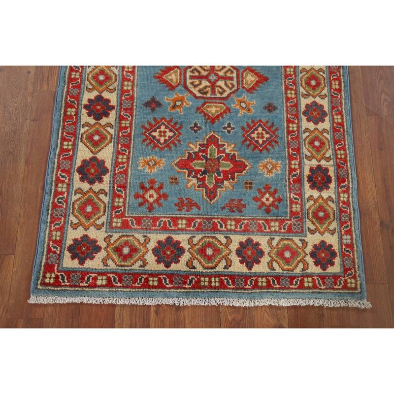 Light Blue Geometric Kazak Rug Hand-Knotted Oriental Wool Carpet - 2'8" x 3'11"