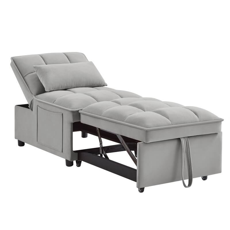 Velvet Multi-Function Chair Bed with Adjustable Backrest, Storage Pockets and Convertible Chaise Design