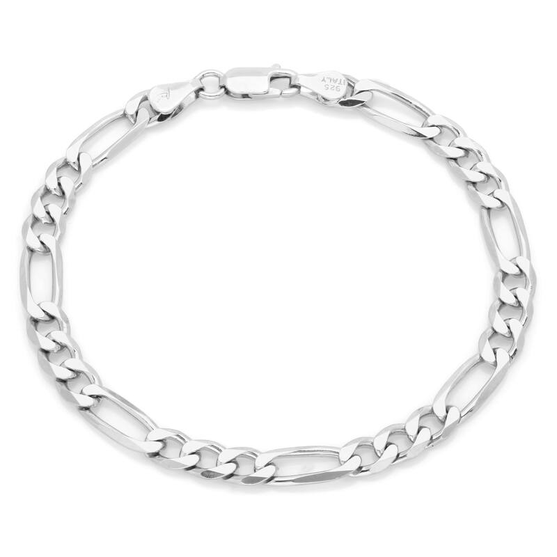 Sterling Silver 5 mm Diamond-cut Figaro Bracelet 7 Inch - White