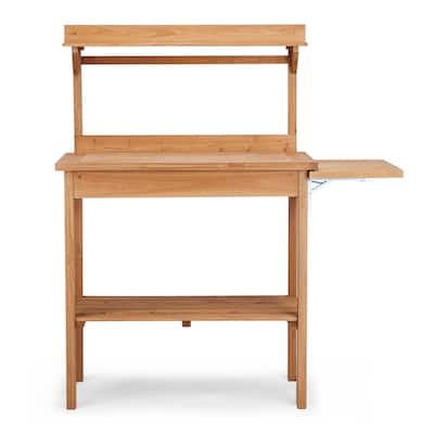 Natural Wooden Multi-Level Garden Potting Station with Foldable Side Pallet and Storage Shelf for Tools