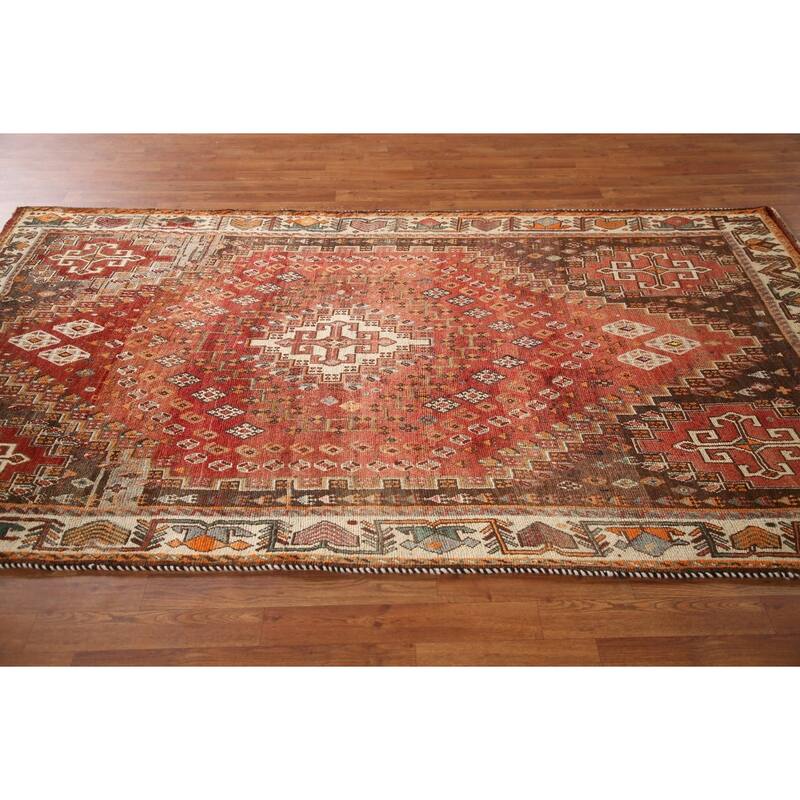 Geometric Shiraz Persian Vintage Area Rug Handmade Orange Wool Carpet - 5'0"x 8'9"