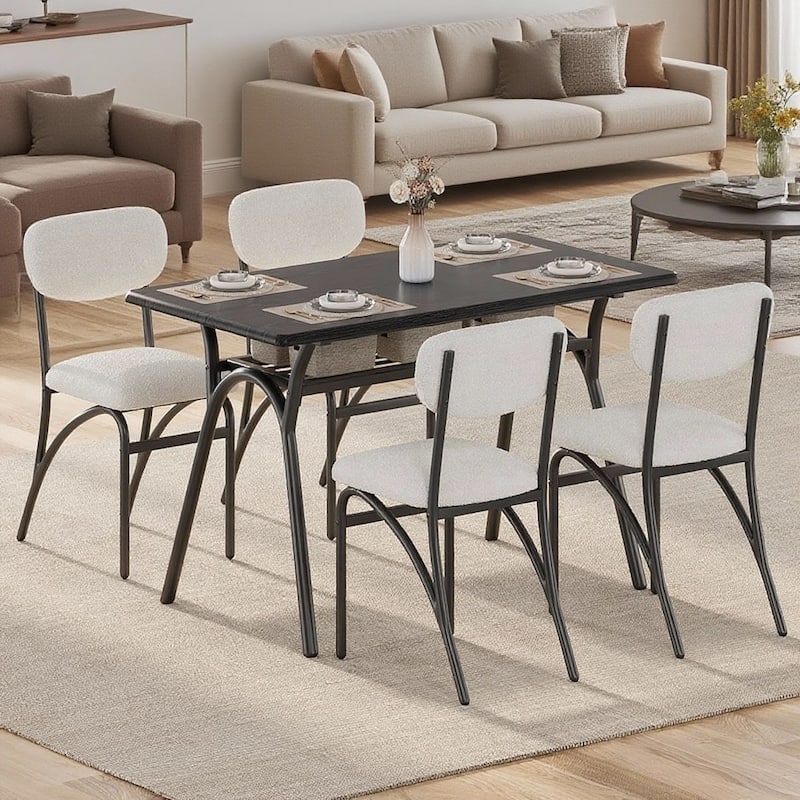 Dining Table Set for 4, with 4 Boucle Chairs and Storage Rack - Black Table + Beige Chair