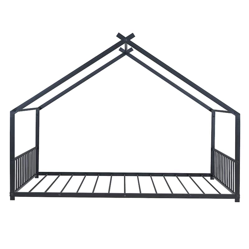 Metal House Bed with Roof, Fence, and Back