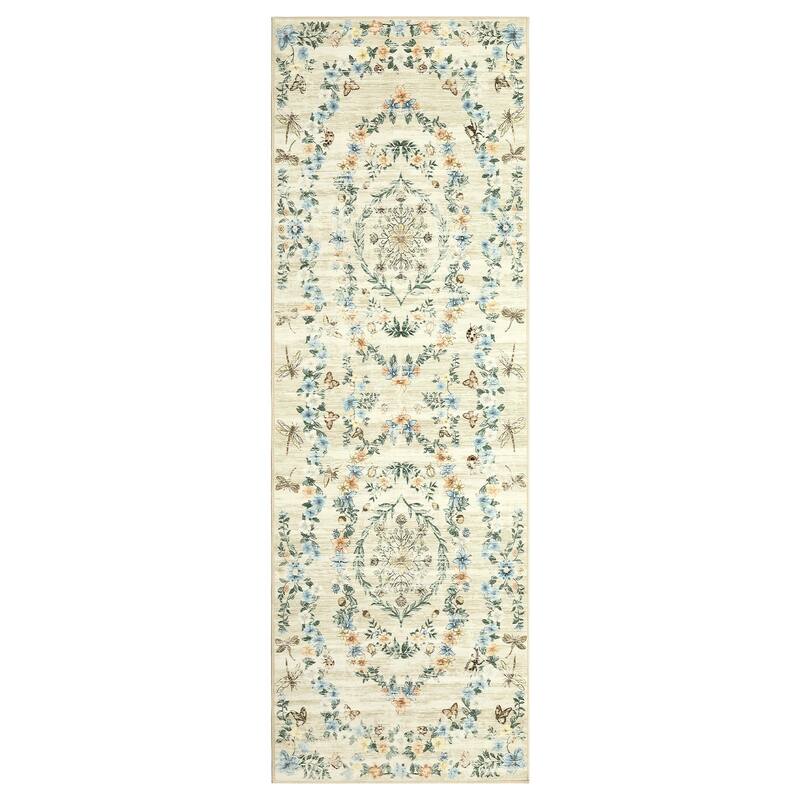 Modern Insect Botanical Pattern Area Rug Floral Print Rug Non-Slip Low Pile Soft Accent Carpet for Living Room Bedroom