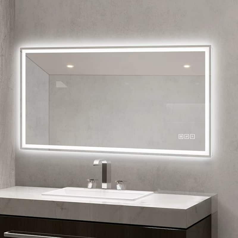 Anti-Fog LED Bathroom Mirror - Modern Straight-Edged, 3 Color Dimmable, Wall Mount - Silver