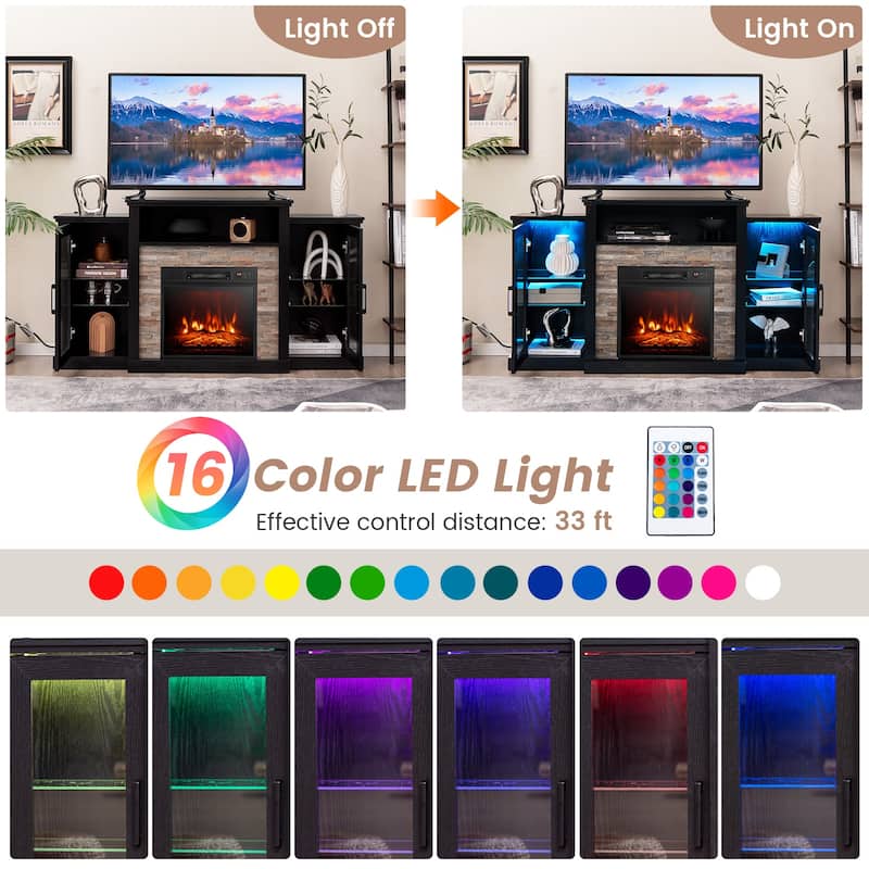 Electric Fireplace TV Stand with 16-Color LED Lights and Adjustable Glass Shelves for Living Room - 59" x 10" x 32.5"