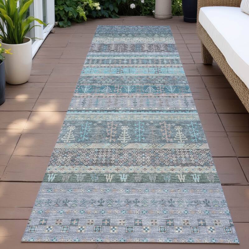 Machine Washable Indoor/Outdoor Global Kilim Chantille Rug - Teal - 2'3" x 7'6"