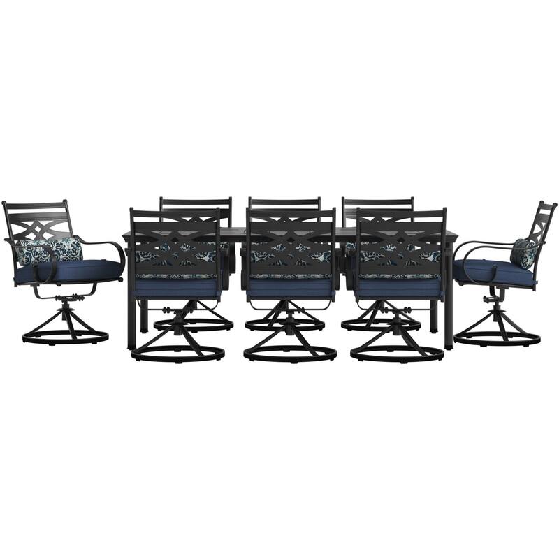 Hanover Montclair 9-Piece Dining Set in Navy Blue with 8 Swivel Rockers and a 42-In. x 84-In. Table