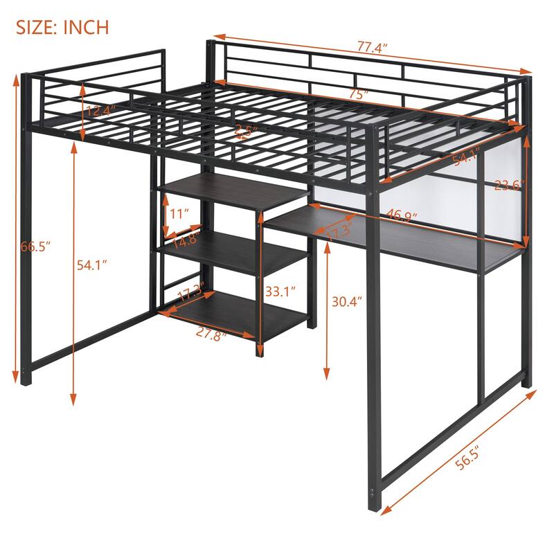 Metal Loft Bed with Desk, Whiteboard, Shelves, and Ladder