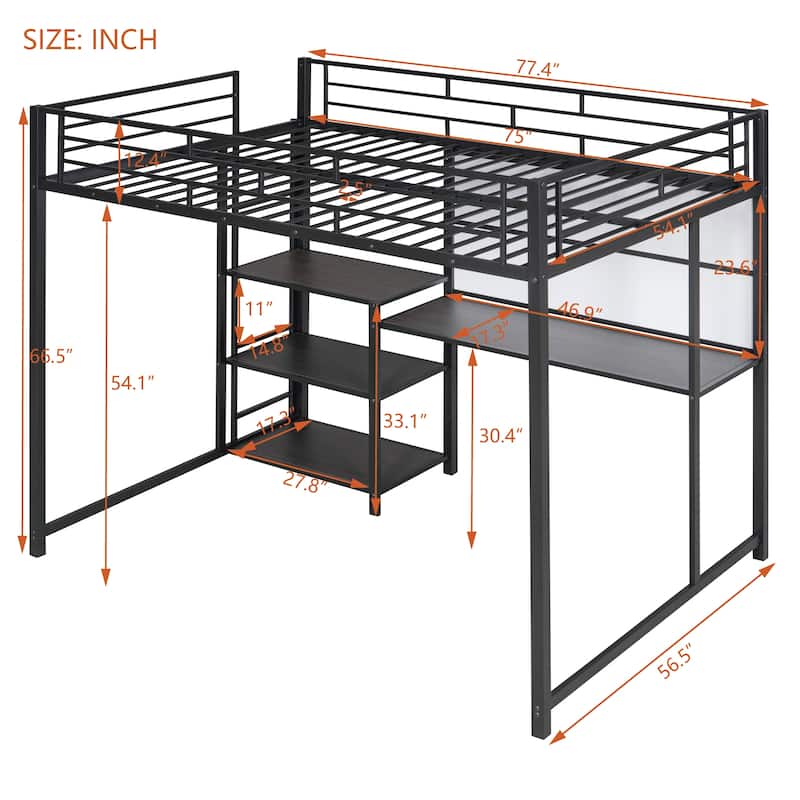 Twin Size Metal Loft Bed with Desk, Shelves, and Ladder - Sturdy Steel Frame for Kids' Exploration