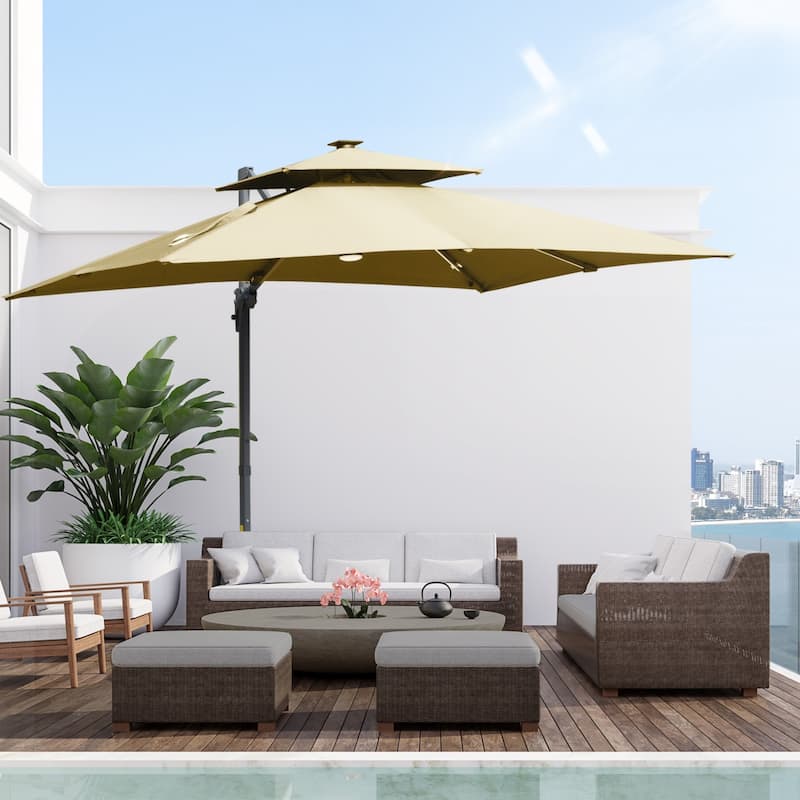 Cantilever outdoor patio umbrella with crank handle and cross base