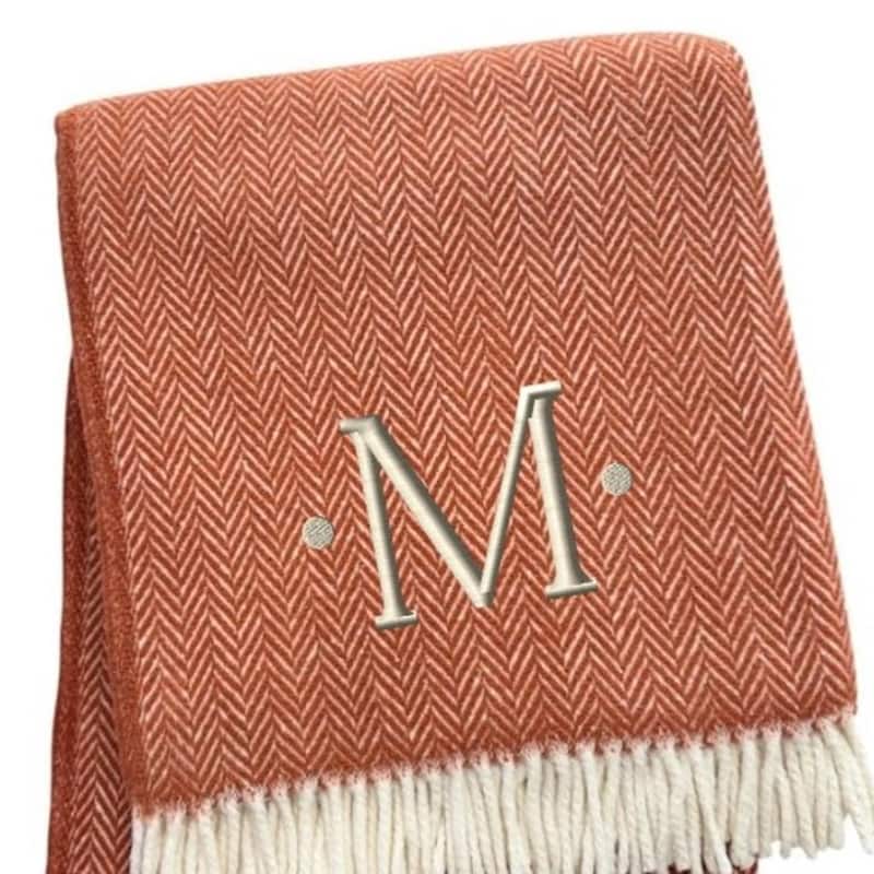HomeRoots 55" X 70" Terra Cotta And White Herringbone Cotton Blend M Initial Throw Blanket with Tassels And Embroidery