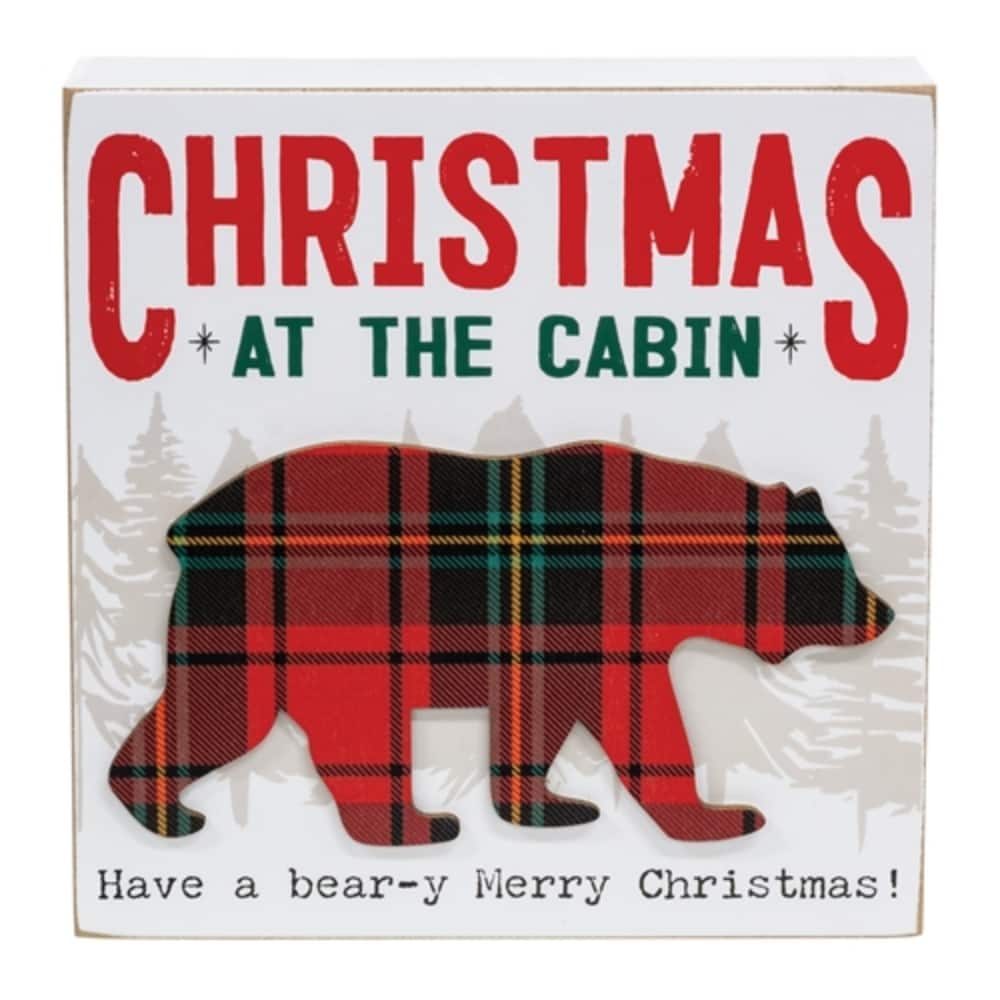 Christmas at the Cabin Plaid Bear Box Sign Holiday Decor - 8” x 1.50” x 8”